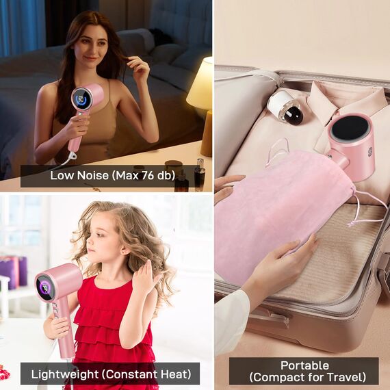 CIICII Ionen Haartrockner, 120000 U/min Föhn (1600W Bürstenloser/ 3 Geschwindigkeiten/ 4 Temperaturen & HD-Anzeige & Tragbare Tasche) Schnelles Trocknen Föhn für Zuhause, auf Reisen & Salon (Rosa)