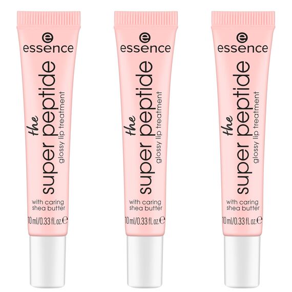 essence the super peptide glossy lip treatment, Lippenbalsam, Nr. 01, Transparent, glättend, mit Vitaminen, vegan, ohne Parabene, ohne Mikroplastikpartikel, Nanopartikel frei, 3er Pack (3x10ml)