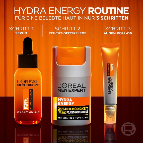 L'Oréal Men Expert Pflegeset mit Sonnenschutz für Männer, Mit Gesichtscreme LSF 15, Gesichtsserum und Augen Roll-On, Set für Herren mit Vitamin C, Hydra Energy, 3-teilig