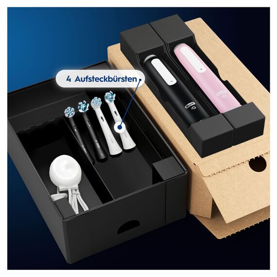 Oral-B iO Series 3 Elektrische Zahnbürste — Doppelpack — Electric Toothbrush, Inkl. 4 Aufsteckbürsten, 3 Putzmodi für Zahnpflege — Designed by Braun, GUT GETESTET von STIFTUNG WARENTEST, Schwarz/Rosa