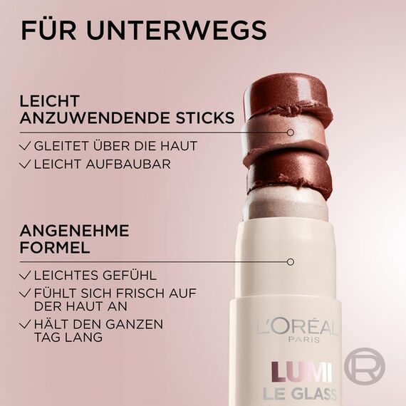 L'Oréal Paris Lumi Le Glow Highlighter Sticks Glowy, Make up Teint für das Gesicht, Contouring, Für einen strahlenden Teint, Leicht aufbaubar, Ganztägiger Halt, Farbe: 630 CREAM CHIC, 1 x 7 ml