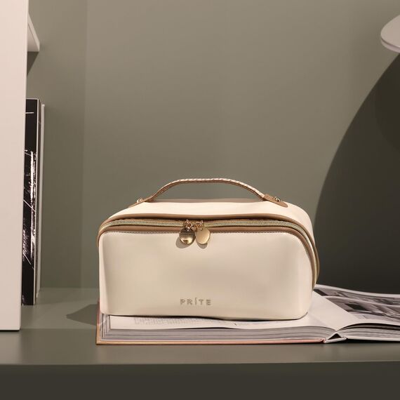 Prite Große Kapazität Kosmetiktasche Tragbare Reise Make Up Tasche wasserdichte PU-Leder Schminktasche oder Kulturbeutel mit Transparente Trenner und Griff(Beige L)