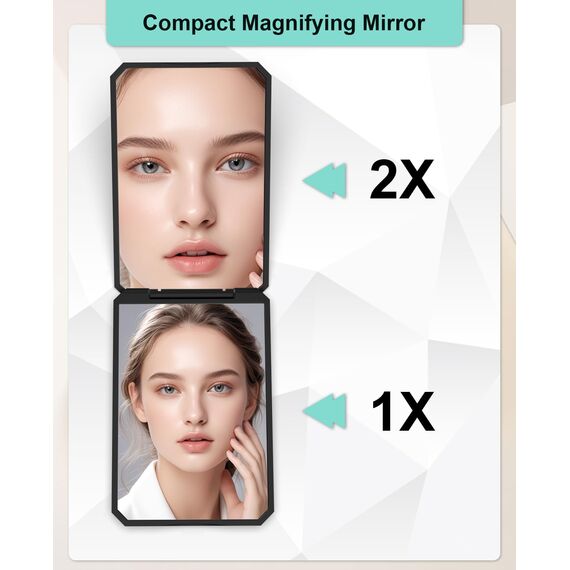 WOBSION Kleiner Spiegel mit 1×/ 2× Vergrößerung,Faltbarer Taschenspiegel Ohne Licht für Reise und Makeup,Tragbarer Reisespiegel für Handtaschen,Mini Handspiegel als Geschenk,9×6×1cm,Schwarz