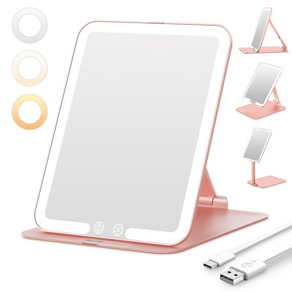 Auxmir Kosmetikspiegel mit Beleuchtung, USB Wiederaufladbar Schminkspiegel, Faltbar Spiegel Reisespiegel mit 3 Lichtfarben für Zuhause Reise, Rosagold