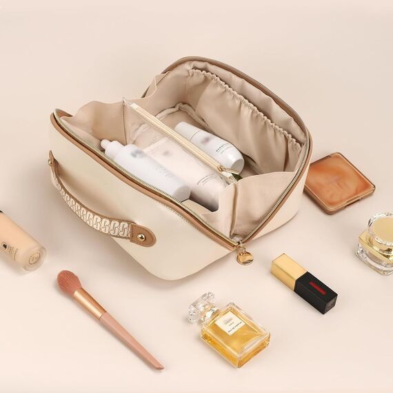 Prite Große Kapazität Kosmetiktasche Tragbare Reise Make Up Tasche wasserdichte PU-Leder Schminktasche oder Kulturbeutel mit Transparente Trenner und Griff(Beige L)