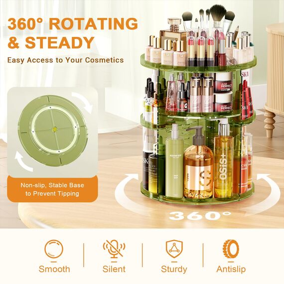Auxmir Make Up Organizer mit 9 Einstellbaren Stufen, 360° Drehbar Schminktisch Kosmetik Organizer, Extra Größer Verbessert Schmink Organizer Skincare für Dresser Schlafzimmer Badezimmer, Grün