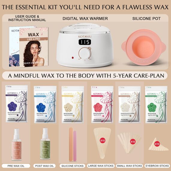 KOTAMU Waxing Set Professionelles, Digitaler Wachswärmer zur Heisswachs Haarentfernung, 600g Wax, 44 Zubehör, Silikonschale und -Stab, Den Einsatz im Heimsalon für Frauen und Männer