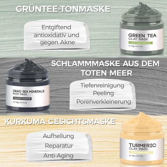 Gesichtsmaske, Kurkuma Tonerde Maske, Totes Meer Maske, Grüner Tee Gesichtsmaske, Masken-Set für Tiefenreinigung, Mitesser, Akne und Ölkontrolle, Clay Face Mask, 3x70g