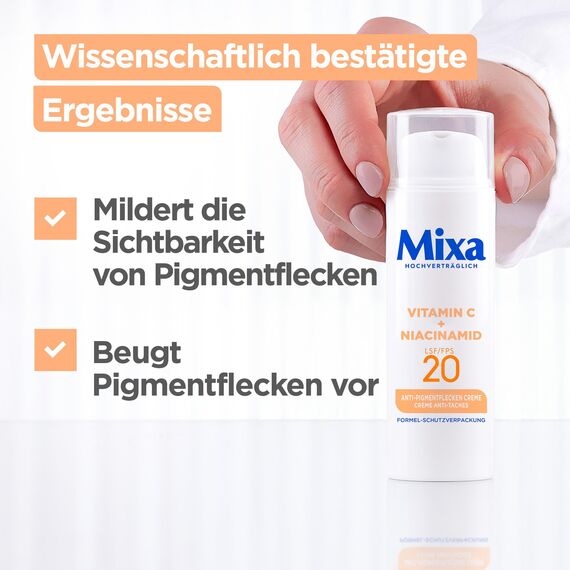 Mixa Anti-Pigmentflecken Creme, Für ungleichmäßige, fahle und sensible Haut mit Vitamin C und Niacinamid, Geeignet für Gesicht & Hals, LSF 20, Hypoallergen, 50 ml