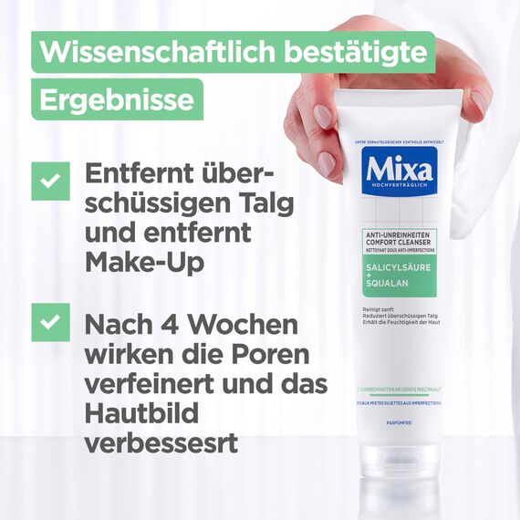 Mixa Anti-Unreinheiten Comfort Cleanser, Für zu Akne neigende und sensible Haut, Glättet das Erscheinungsbild der Poren, Mit Salicylsäure und Squalan, Geeignet für Gesicht & Hals, Hypoallergen, 150 ml