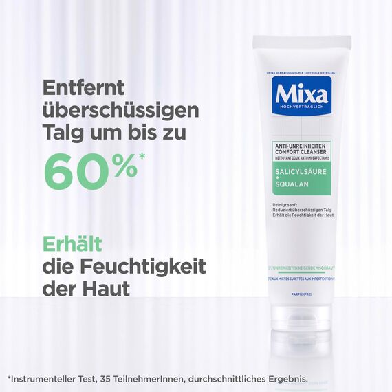 Mixa Anti-Unreinheiten Comfort Cleanser, Für zu Akne neigende und sensible Haut, Glättet das Erscheinungsbild der Poren, Mit Salicylsäure und Squalan, Geeignet für Gesicht & Hals, Hypoallergen, 150 ml