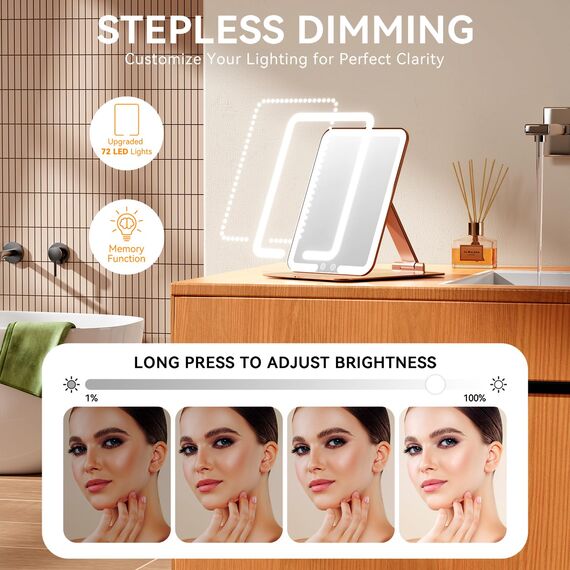 Auxmir Kosmetikspiegel mit Beleuchtung, USB Wiederaufladbar Schminkspiegel, Faltbar Spiegel Reisespiegel mit 3 Lichtfarben für Zuhause Reise, Rosagold