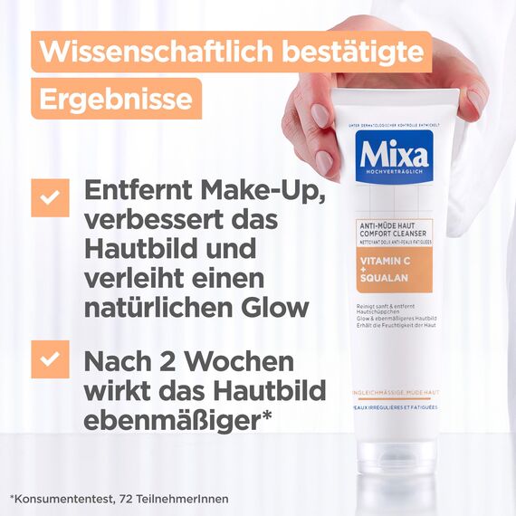 Mixa Anti-Müde Haut Comfort Cleanser, Beruhigend, Ebenmäßigere Haut, Für ungleichmäßige, fahle und sensible Haut mit Vitamin C und Squalan, Geeignet für Gesicht & Hals, Hypoallergen, 150 ml