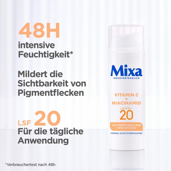 Mixa Anti-Pigmentflecken Creme, Für ungleichmäßige, fahle und sensible Haut mit Vitamin C und Niacinamid, Geeignet für Gesicht & Hals, LSF 20, Hypoallergen, 50 ml