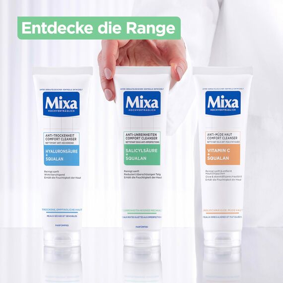 Mixa Anti-Unreinheiten Comfort Cleanser, Für zu Akne neigende und sensible Haut, Glättet das Erscheinungsbild der Poren, Mit Salicylsäure und Squalan, Geeignet für Gesicht & Hals, Hypoallergen, 150 ml