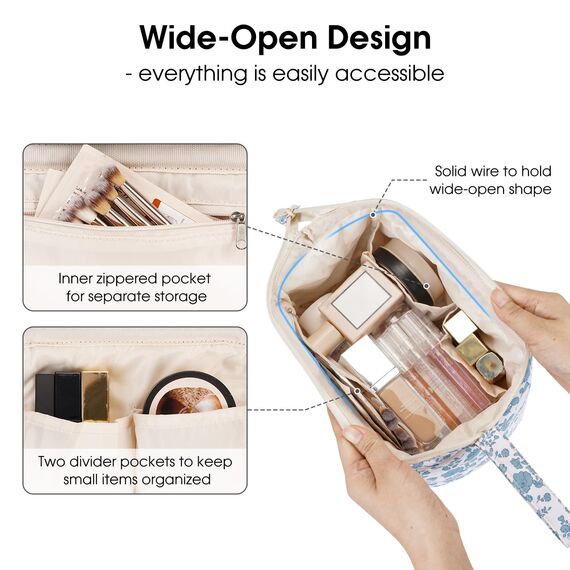 Narwey Kulturtasche Damen Kulturbeutel Kosmetiktasche Schminktasche Reise Make-up-Tasche mit Weit Offener Tasche für Damen Frauen (Kleine Blaue Blume)