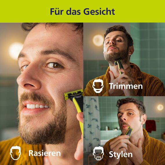 PHILIPS OneBlade 360 Face - elektrischer Rasierer & Trimmer, 2x 360 Klingen, 3x Trimmaufsätze (1/3/5mm), Nass- & Trockenrasur, Akku-USB, fürs Gesicht (QP2724/31)