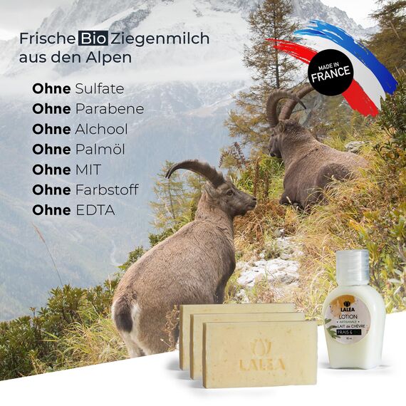 Ziegenmilchseife (3x 100g) | Geschenk-Lotion (30 mL) | Handgemacht in Frankreich, Natürliche Ziegenmilchmaske, Gesichtspeeling, Anti Pickel, Anti Akne, Feste Gesichtsreinigung, geschenkidee