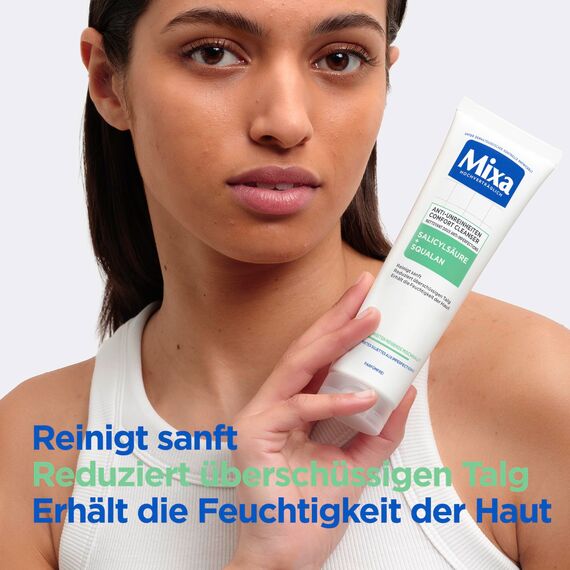 Mixa Anti-Unreinheiten Comfort Cleanser, Für zu Akne neigende und sensible Haut, Glättet das Erscheinungsbild der Poren, Mit Salicylsäure und Squalan, Geeignet für Gesicht & Hals, Hypoallergen, 150 ml