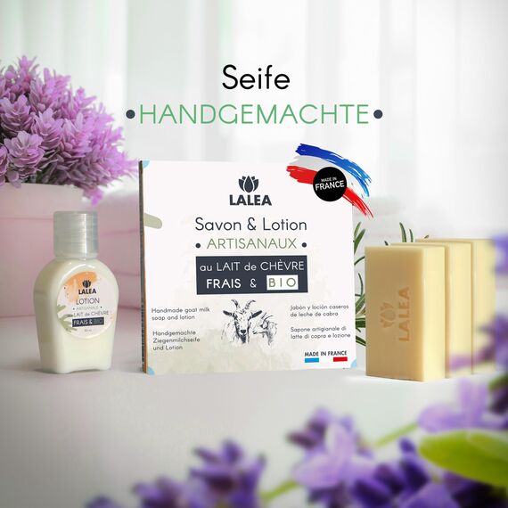 Ziegenmilchseife (3x 100g) | Geschenk-Lotion (30 mL) | Handgemacht in Frankreich, Natürliche Ziegenmilchmaske, Gesichtspeeling, Anti Pickel, Anti Akne, Feste Gesichtsreinigung, geschenkidee