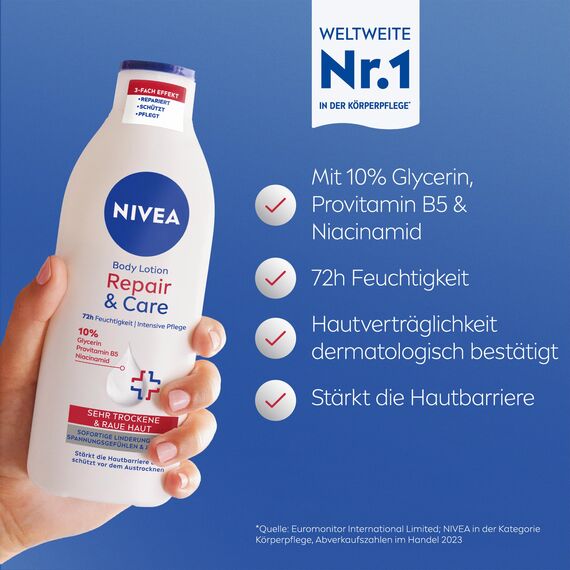 NIVEA Body Lotion Repair & Care, Körpercreme für sehr trockene Haut & zur Linderung von Spannungsgefühlen, Körperlotion mit Glycerin, Niacinamid & Provitamin B5 (400 ml)