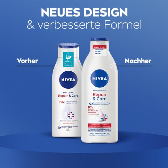 NIVEA Body Lotion Repair & Care, Körpercreme für sehr trockene Haut & zur Linderung von Spannungsgefühlen, Körperlotion mit Glycerin, Niacinamid & Provitamin B5 (400 ml)