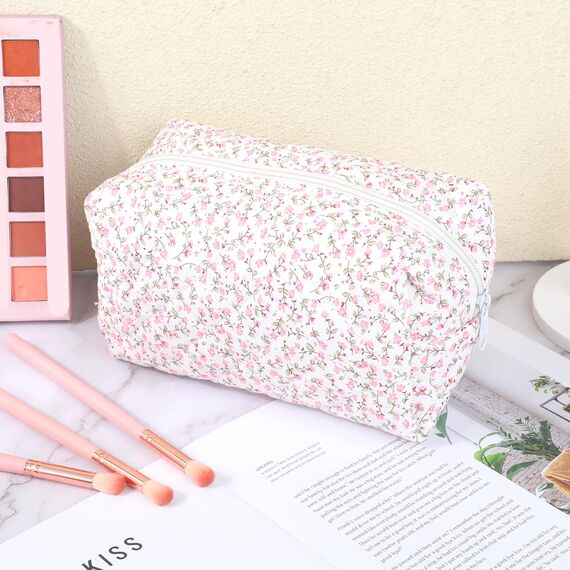 JJUNW Blumenmuster Kulturtasche, Tragbare Makeup Tasche, Winter Kosmetiktaschen Toilettenartikel Schminktasche Handtasche Reißverschluss Organizer Tasche Münztasche für Mädchen Frauen (rosa)