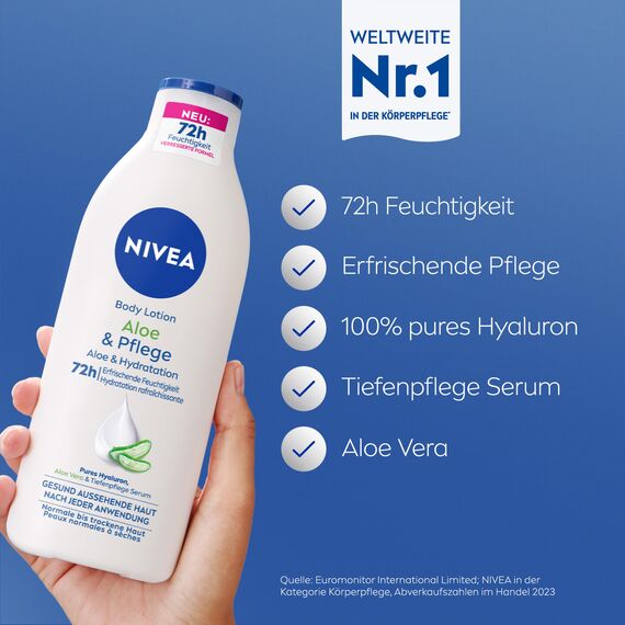 NIVEA Body Lotion Aloe & Pflege, Körpercreme mit Tiefenpflege Serum für 72h Feuchtigkeit, Körperlotion mit purem Hyaluron und Aloe Vera natürlichen Ursprungs(400 ml)
