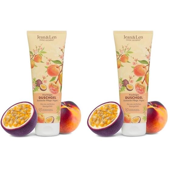 Jean & Len Fruchtiges Duschgel Pfirsich & Maracuja, sanftes Reinigungserlebnis, für ein spürbar weiches Hautgefühl, exotisches Dufterlebnis, ohne Mikroplastik & Mineralöl, veganes Duschgel, 250 ml