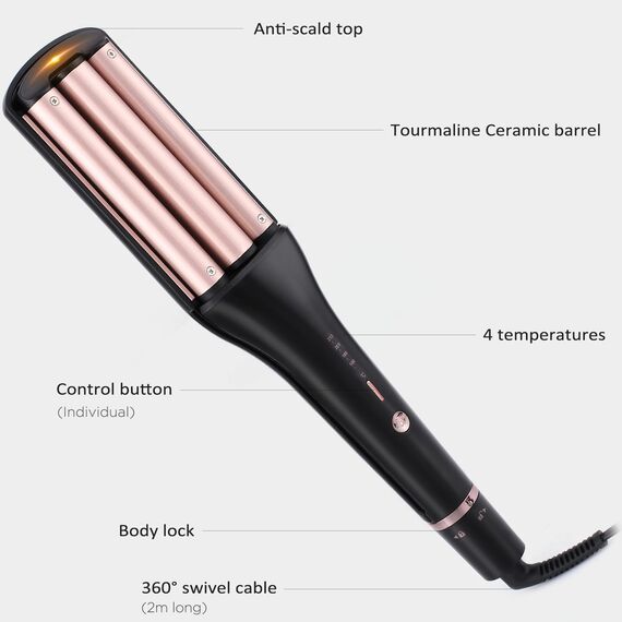 [19/25/28/32mm] Welleneisen für Haare - janelove 4-in-1 Lockenstab für Beach waves/Natürlich Wellen/Wasserwellen/Mermaid Waves, 160°C bis 210°C Kreppeisen für die haare mit Handschuhe und Clips - Gold