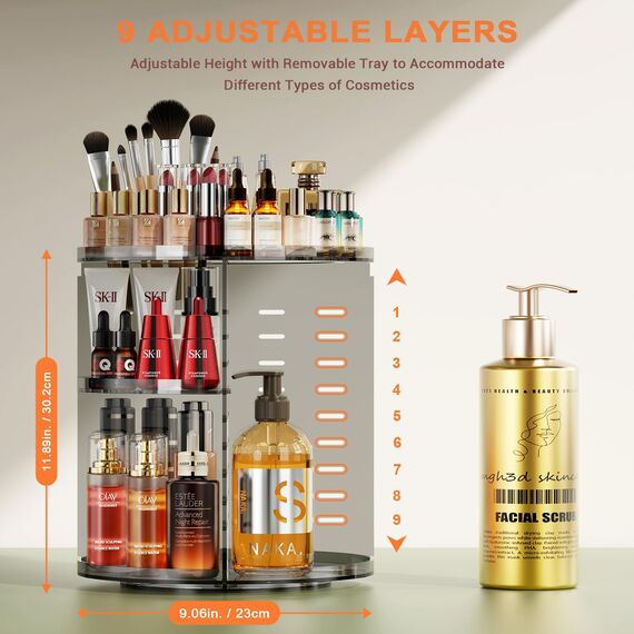 Auxmir Make Up Organizer mit 9 Einstellbaren Stufen, 360° Drehbar Schminktisch Kosmetik Organizer, Extra Größer Verbessert Schmink Organizer Skincare für Dresser Schlafzimmer Badezimmer, Grau