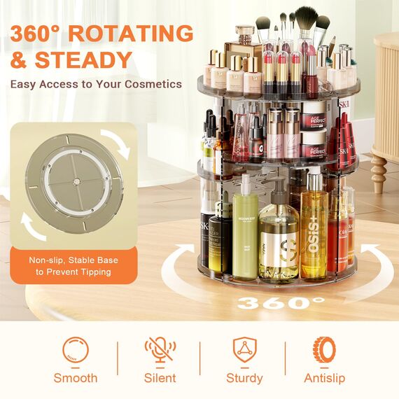 Auxmir Make Up Organizer mit 9 Einstellbaren Stufen, 360° Drehbar Schminktisch Kosmetik Organizer, Extra Größer Verbessert Schmink Organizer Skincare für Dresser Schlafzimmer Badezimmer, Grau