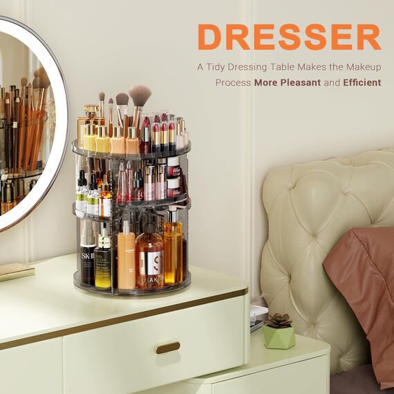 Auxmir Make Up Organizer mit 9 Einstellbaren Stufen, 360° Drehbar Schminktisch Kosmetik Organizer, Extra Größer Verbessert Schmink Organizer Skincare für Dresser Schlafzimmer Badezimmer, Grau
