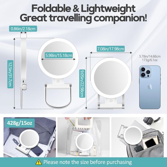 Schminkspiegel mit Beleuchtung,Doppelseitiger1X/30X Vergrößerungsspiegel mit Licht, 2000mAh 3 Farben Beleuchtungsmodi, Einstellbare Helligkeit, Faltbarer Kompakter Makeup Spiegel Reisegröße
