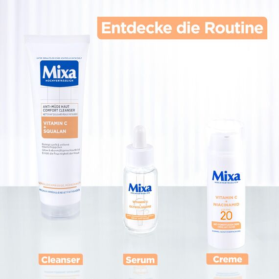 Mixa Anti-Müde Haut Comfort Cleanser, Beruhigend, Ebenmäßigere Haut, Für ungleichmäßige, fahle und sensible Haut mit Vitamin C und Squalan, Geeignet für Gesicht & Hals, Hypoallergen, 150 ml