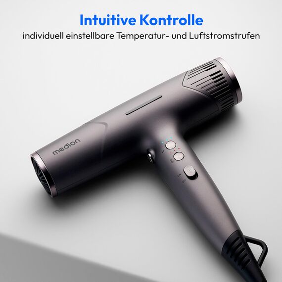 MEDION Föhn - Ionen Haartrockner mit Diffusor HD2 (Ionen, 1.500 Watt, Stylingdüse, vielseitige Aufsätze, leise langlebiger BLDC Motor, Selbstreinigungsfunktion, langes Netzkabel) Haarföhn schwarz