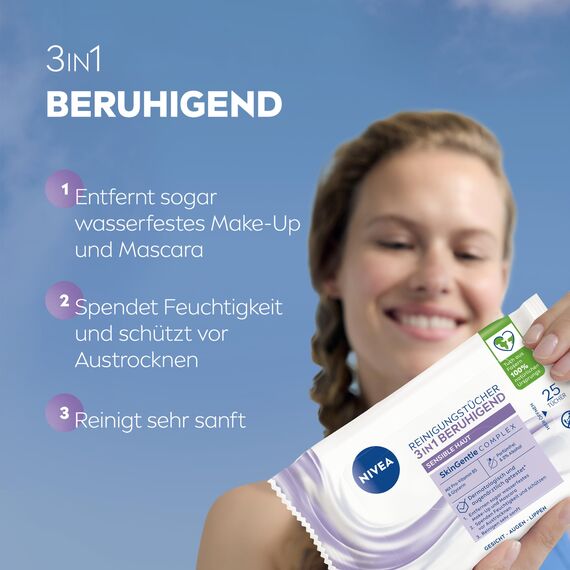 NIVEA Reinigungstücher 3in1 Beruhigend, parfüm- und alkoholfreie Abschminktücher für wasserfestes Make-Up, sanfte Gesichtsreinigung mit Glycerin für besonders sensible Haut (25 Stück)