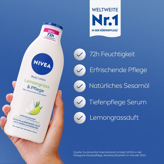 NIVEA Body Lotion Lemongrass & Pflege, Körpercreme mit Tiefenpflege Serum für 72h Feuchtigkeit, Körperlotion mit Sesamöl und erfrischendem Duft (400 ml)