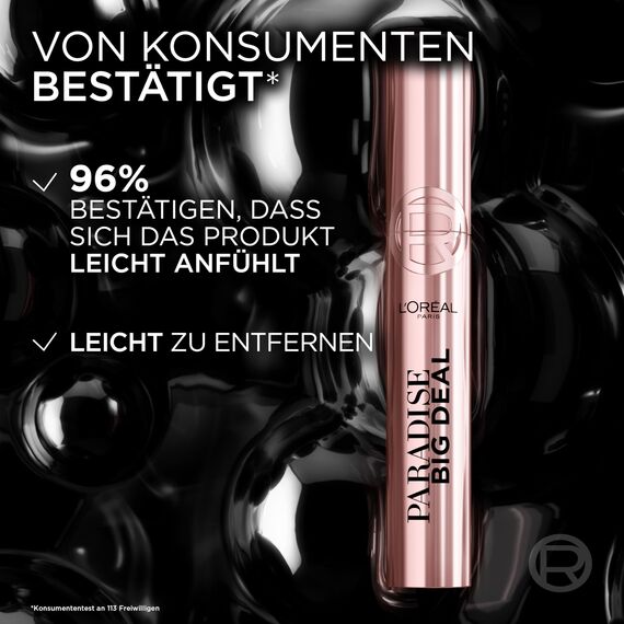 L'Oréal Paris Paradise Big Deal Mascara Washable, Schwarze Wimpertusche für endlos lange Wimpern und gleichmäßiges Volumen, Kein Verklumpen oder verkleben & Wischfest, Für empfindliche Augen, 9,9ml