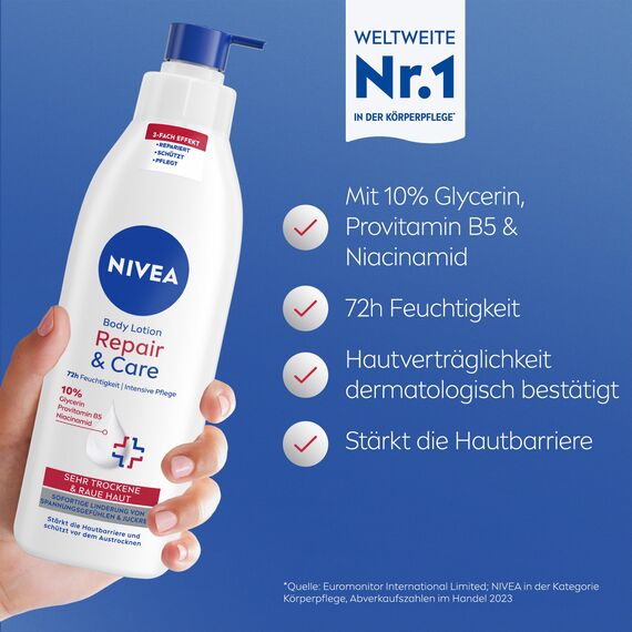 NIVEA Body Lotion Repair & Care, Körpercreme für sehr trockene Haut & zur Linderung von Spannungsgefühlen, Körperlotion mit Glycerin, Niacinamid & Provitamin B5t (250 ml)