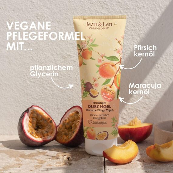 Jean & Len Fruchtiges Duschgel Pfirsich & Maracuja, sanftes Reinigungserlebnis, für ein spürbar weiches Hautgefühl, exotisches Dufterlebnis, ohne Mikroplastik & Mineralöl, veganes Duschgel, 250 ml