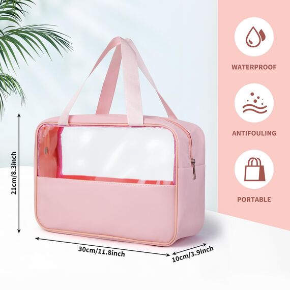 Luxoraiova Kosmetiktasche Durchscheinend, Kulturtasche Damen, Tragbare Kulturbeutel Herren, Flugzeug PVC Waschtasche Damen Wasserdicht, Kulturtaschen für Männer, Frauen, Familie (Rosa)