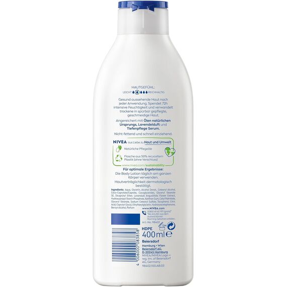 NIVEA Body Lotion Lavendel & Pflege, Körpercreme mit Lavendelduft und Tiefenpflege Serum für 72h Feuchtigkeit, Körperlotion mit Ölen natürlichen Ursprungs (400 ml)