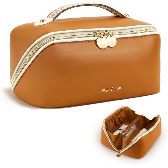 Prite Große Kapazität Kosmetiktasche Tragbare Reise Make Up Tasche wasserdichte PU-Leder Schminktasche oder Kulturbeutel mit Transparente Trenner und Griff(Braun M)