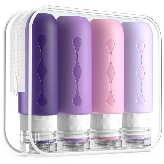 Gemice Silikon Reiseflaschen 90ml Set, 4 Stück auslaufsichere Reise Container und Reise Toilettenartikel Set, FDA zugelassene nachfüllbare Flüssigkeitsbehälter für Shampoo Creme Spülung Körperpflege