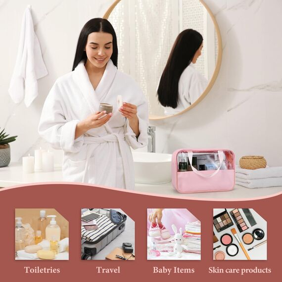 Luxoraiova Kosmetiktasche Durchscheinend, Kulturtasche Damen, Tragbare Kulturbeutel Herren, Flugzeug PVC Waschtasche Damen Wasserdicht, Kulturtaschen für Männer, Frauen, Familie (Rosa)