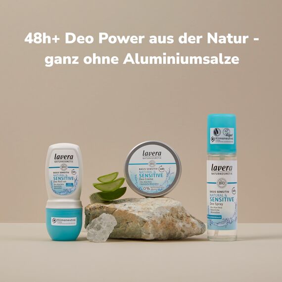 lavera, Deo Spray basis sensitiv NATURAL SENSITIVE 48 h vegan Naturkosmetik BioAloe Vera Natürliche Mineralien ohne Aluminium milde Rezeptur 48 Stunden Deo Schutz 75 ml (Packung mit 5)