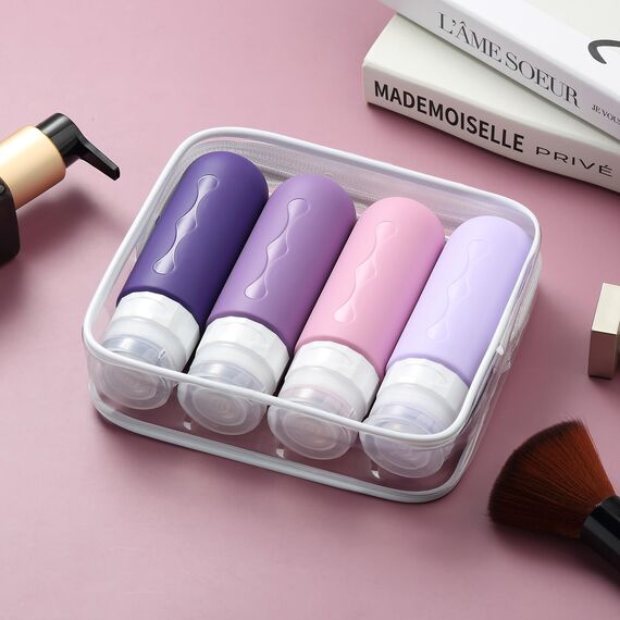 Gemice Silikon Reiseflaschen 90ml Set, 4 Stück auslaufsichere Reise Container und Reise Toilettenartikel Set, FDA zugelassene nachfüllbare Flüssigkeitsbehälter für Shampoo Creme Spülung Körperpflege