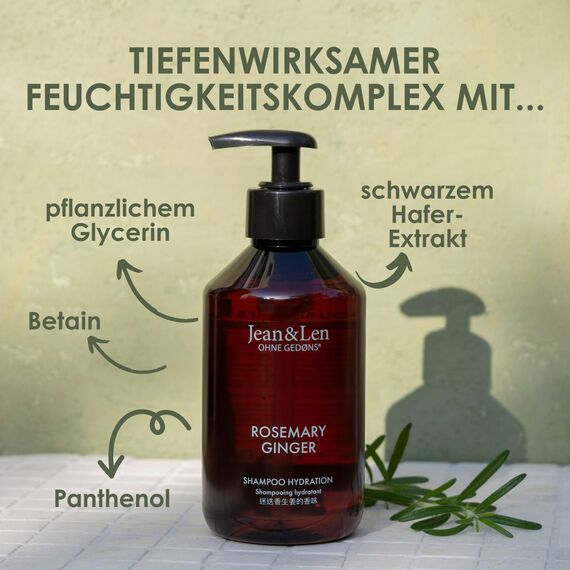 Jean & Len Feuchtigkeit Shampoo Rosemary & Ginger, für trockenes und sprödes Haar, mit Feuchtigkeitskomplex, würzig-frischer Duft von Rosmarin & Ingwer, ohne Parabene und Silikone, 300 ml