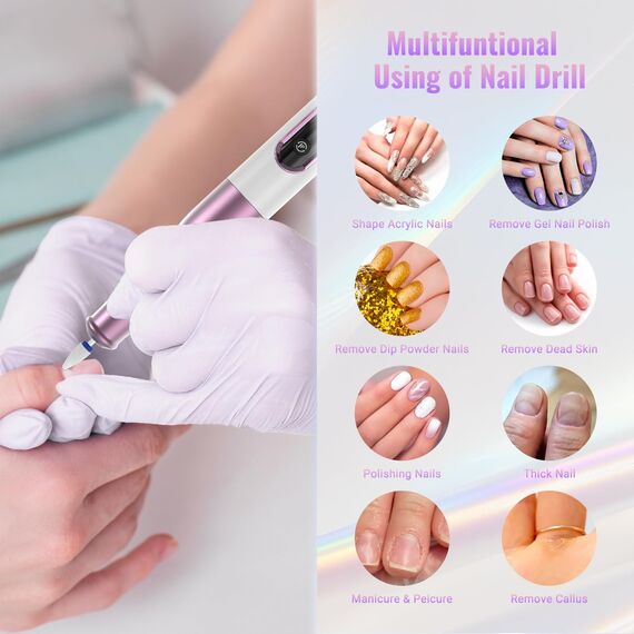 Nagelfräser, Denabuty Elektrische Nagelfeile Kabellos 12 in 1 Fräser für Gelnägel 25000 u/Min, USB Wiederaufladbare, 5 Verstellbare Geschwindigkei, Maniküre Pediküre Set DN-2502Z